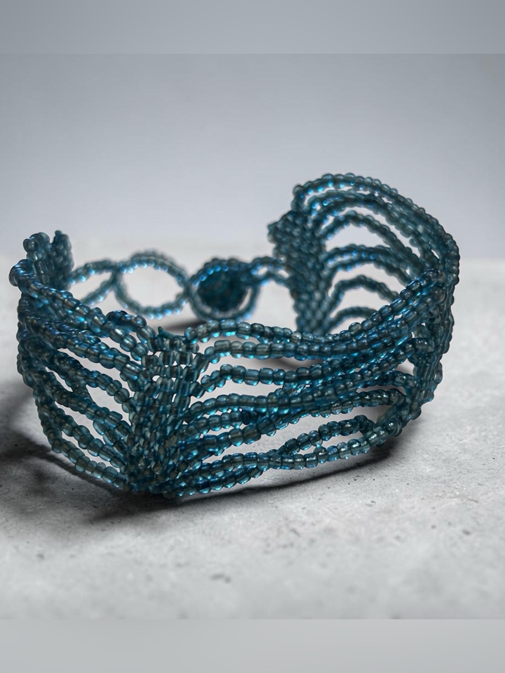 Blue Seed Beaded Wave Cuff Bracelet - Vintage Costume Jewelry